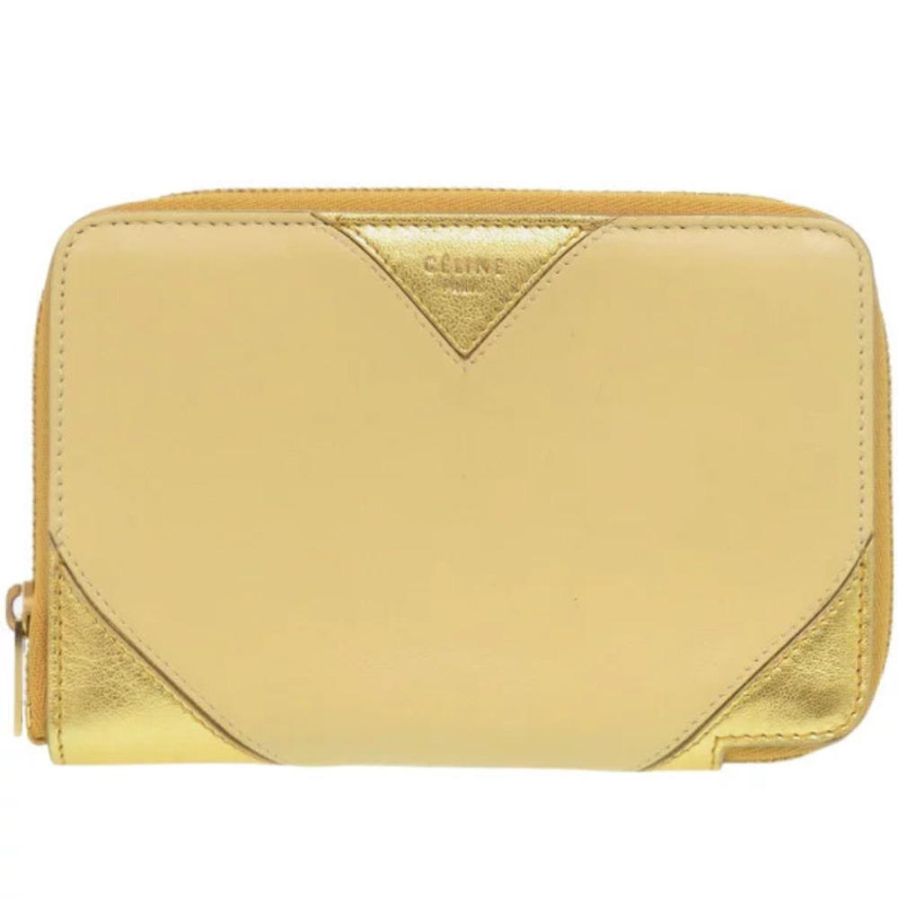 Celine Round Zipper Leather Gold Yellow Bi fold Wallet
